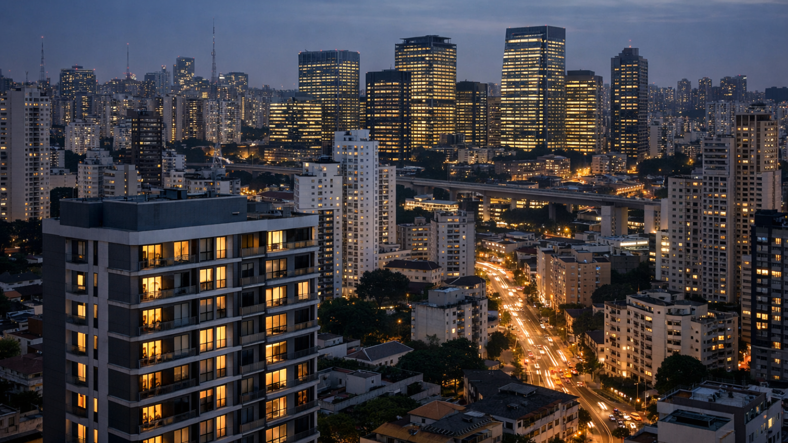Vista urbana de São Paulo à noite, com prédios residenciais e corporativos iluminados, evidenciando a atividade contínua da cidade.