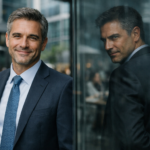 Executivo bem-vestido sorri diante de um prédio corporativo moderno, enquanto seu reflexo no vidro revela uma expressão fria e calculista, simbolizando autoridade aparente e reputação enganosa no ambiente corporativo.