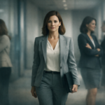 Mulher executiva caminha com postura firme em ambiente corporativo, enquanto outras mulheres ao fundo conversam de forma velada, sugerindo intimidação silenciosa e disputa reputacional no local de trabalho.