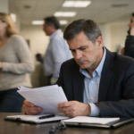 Empresário concentrado analisando documentos em ambiente corporativo, enquanto profissionais conversam e falam ao telefone ao fundo.