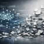 Representação visual da inteligência artificial operando sobre processos desorganizados, com redes digitais avançadas contrastando com fluxos fragmentados de documentos, simbolizando a automação de falhas estruturais.