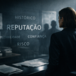 Executivo em ambiente corporativo escuro, simbolizando decisões silenciosas, risco reputacional e o peso jurídico da reputação na avaliação de negócios e contratos.