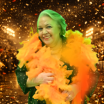 Myrinha Vasconcellos sorrindo em destaque na avenida do Carnaval, usando plumas amarelas vibrantes, com confetes dourados caindo e arquibancadas iluminadas ao fundo.