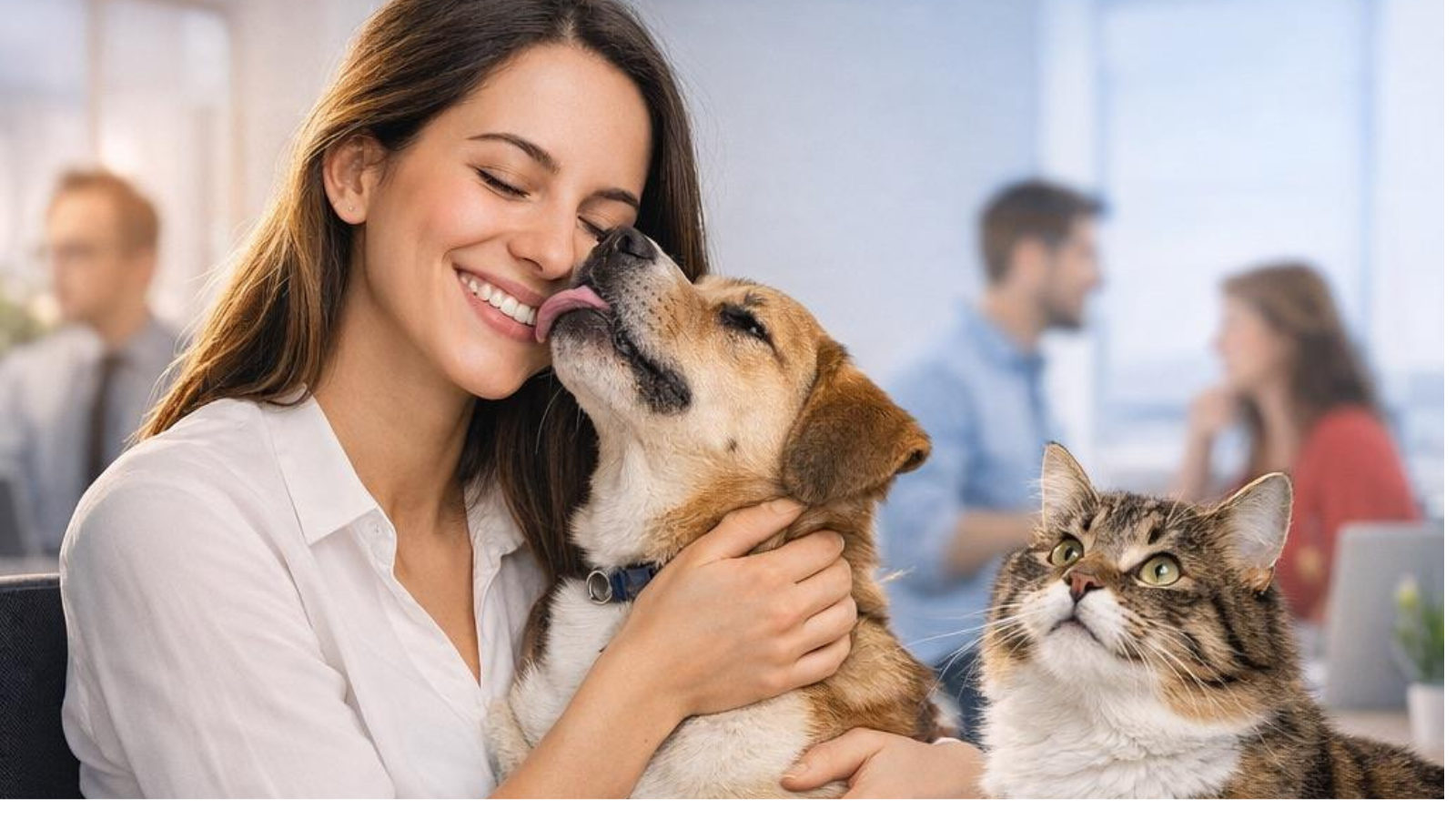 Mulher sorrindo enquanto recebe carinho de um cachorro e observa um gato ao lado, em ambiente corporativo, representando o vínculo entre pessoas e pets no cotidiano