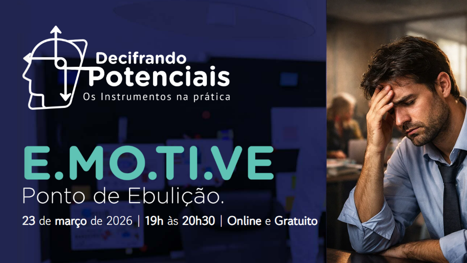 Profissional em ambiente corporativo demonstrando estresse enquanto imagem institucional destaca evento sobre riscos psicossociais e saúde mental no trabalho