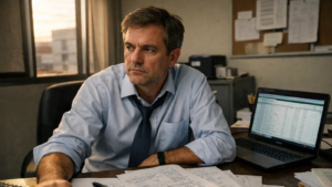 Executivo financeiro em escritório no fim do dia, com expressão séria e pensativa, mesa com documentos fiscais espalhados e notebook com planilha aberta ao lado, iluminado por luz natural da janela.