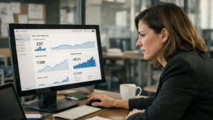 Executiva analisa dados de audiência em dashboard semelhante ao Google Analytics em ambiente de escritório corporativo