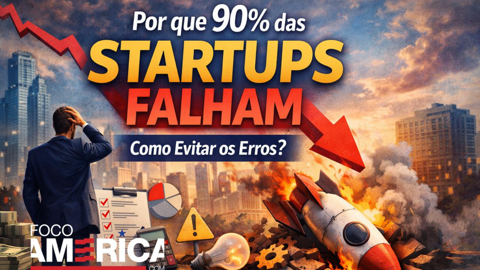 Tela digital com gráficos em queda e múltiplas janelas sobrepostas, representando o colapso e a complexidade no ambiente de startups