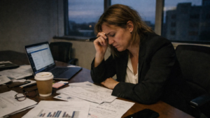 Executiva analisa documentos e relatórios financeiros em sala de reunião no fim do dia, com expressão de pressão e concentração