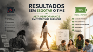 Liderança equilibrando alta performance e saúde emocional em ambiente corporativo, contrastando burnout e esgotamento com produtividade sustentável e equipe engajada.