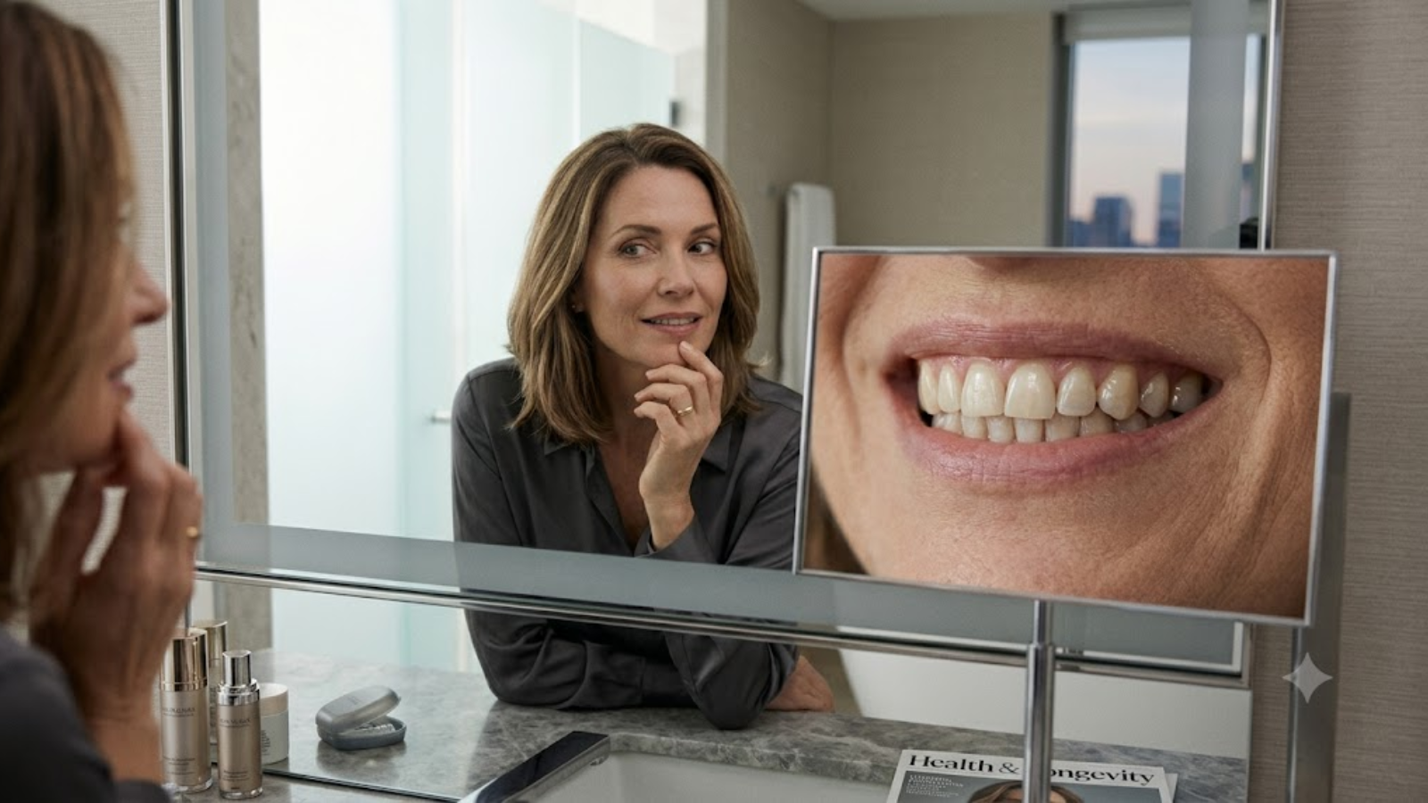 Mulher observando o próprio sorriso no espelho enquanto imagem ampliada destaca sinais sutis de desgaste e envelhecimento dentário.