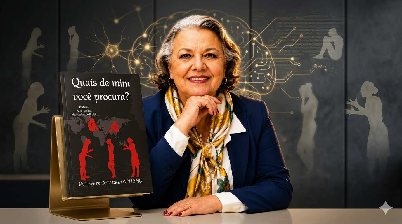 Myrinha Vasconcellos ao lado do livro Quais de Mim Você Procura?, obra que aborda o WOLLYING e seus impactos emocionais e sociais.