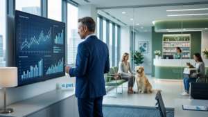 Executivo analisa indicadores de crescimento enquanto clínica veterinária da APet atende tutores e pets em ambiente moderno, destacando estratégia, tecnologia e gestão sustentável.