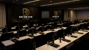 Espaço preparado para o Day One Club X-Perience, com estrutura para encontros de formação, networking e desenvolvimento empresarial.
