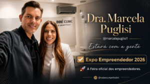 Dra. Marcela Puglisi posa na Inné Clinic ao lado de um homem, em imagem que anuncia sua participação como palestrante na Expo Empreendedor 2026.