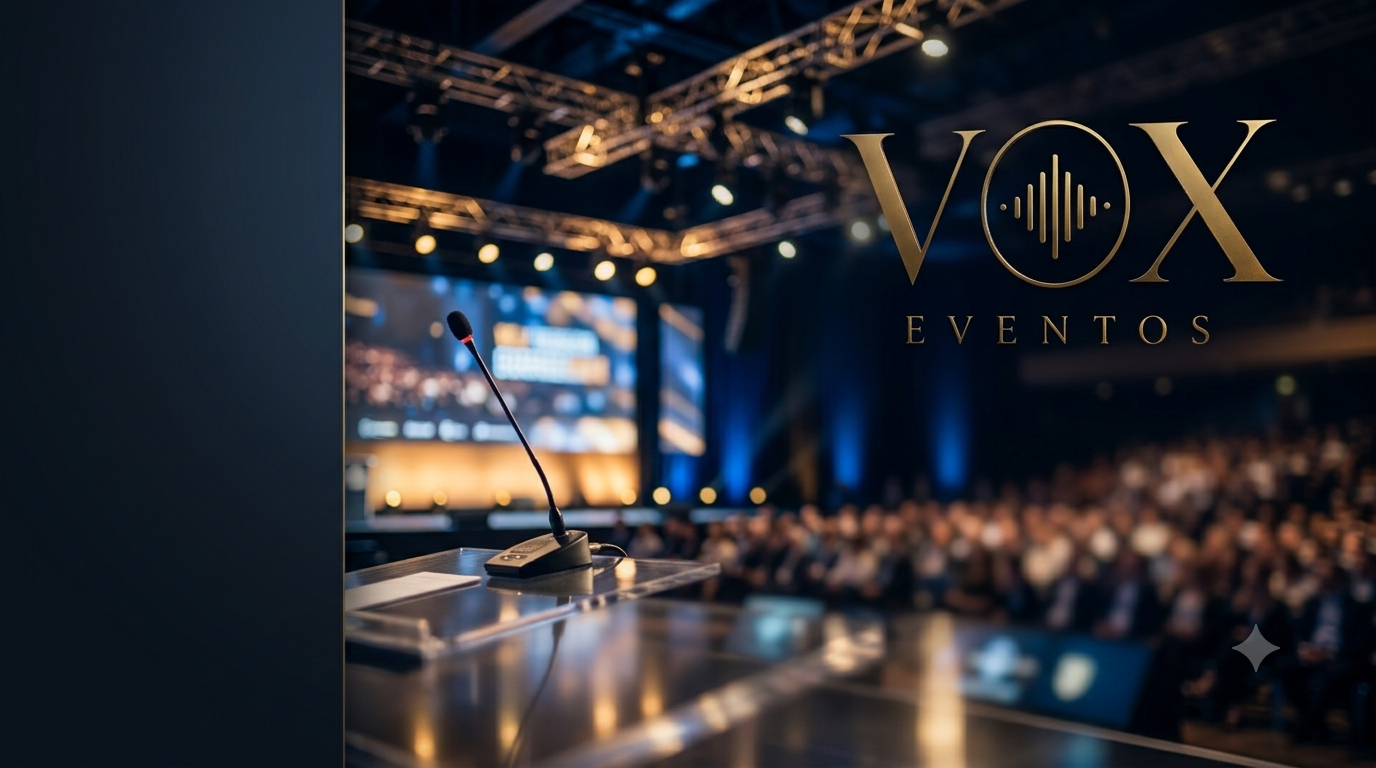 Logo da Vox Eventos sobre cenário de auditório corporativo com palco, púlpito e iluminação cênica, representando o mercado de palestras e eventos empresariais.