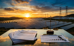 Usina de energia solar com extensos painéis fotovoltaicos ao pôr do sol, linhas de transmissão ao fundo e, em primeiro plano, documentos tributários, gráficos financeiros e uma balança da justiça, simbolizando o debate sobre tributação e transição energética no Brasil.