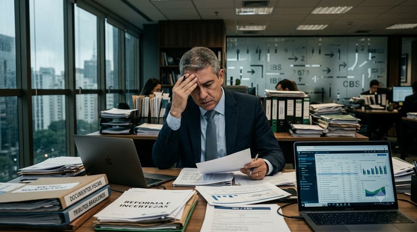Empresário analisa documentos e sistemas fiscais em meio às incertezas da implementação da reforma tributária brasileira.