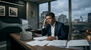 Empresário analisa documentos fiscais em escritório enquanto representação visual simboliza a antecipação de tributos e a pressão sobre o fluxo de caixa.