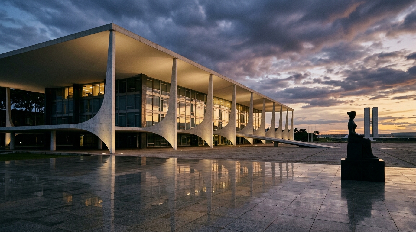 Fachada do Supremo Tribunal Federal, em Brasília, sob céu nublado, com a escultura da Justiça em primeiro plano.