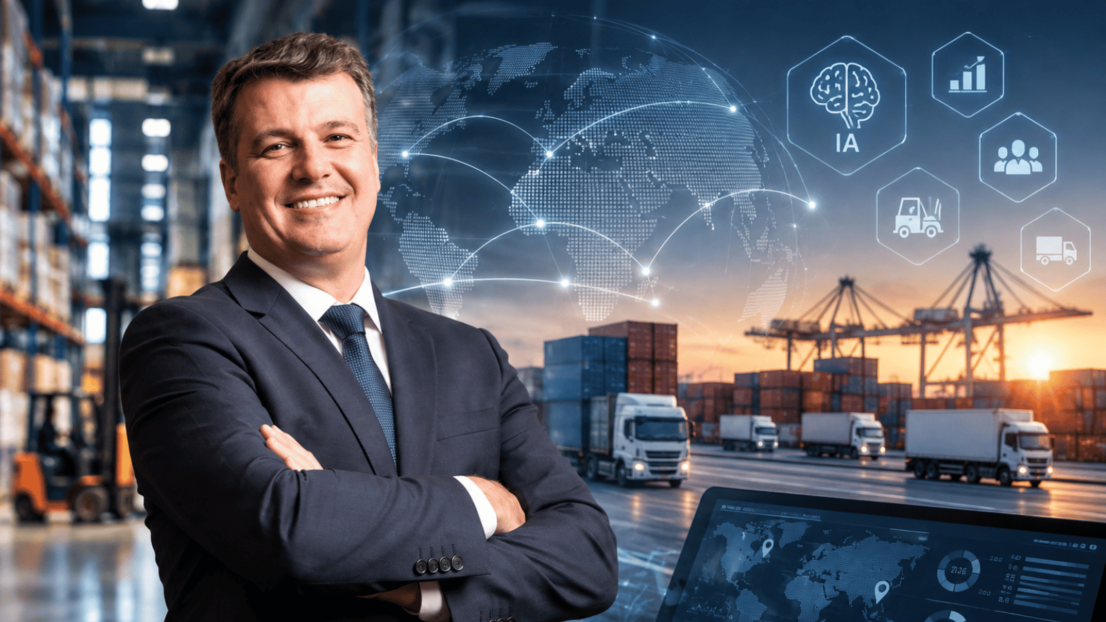 Allan Bernardotti em composição visual que integra centros de distribuição, transporte de cargas, Inteligência Artificial e análise de dados, representando a transformação da Logística e do Supply Chain.
