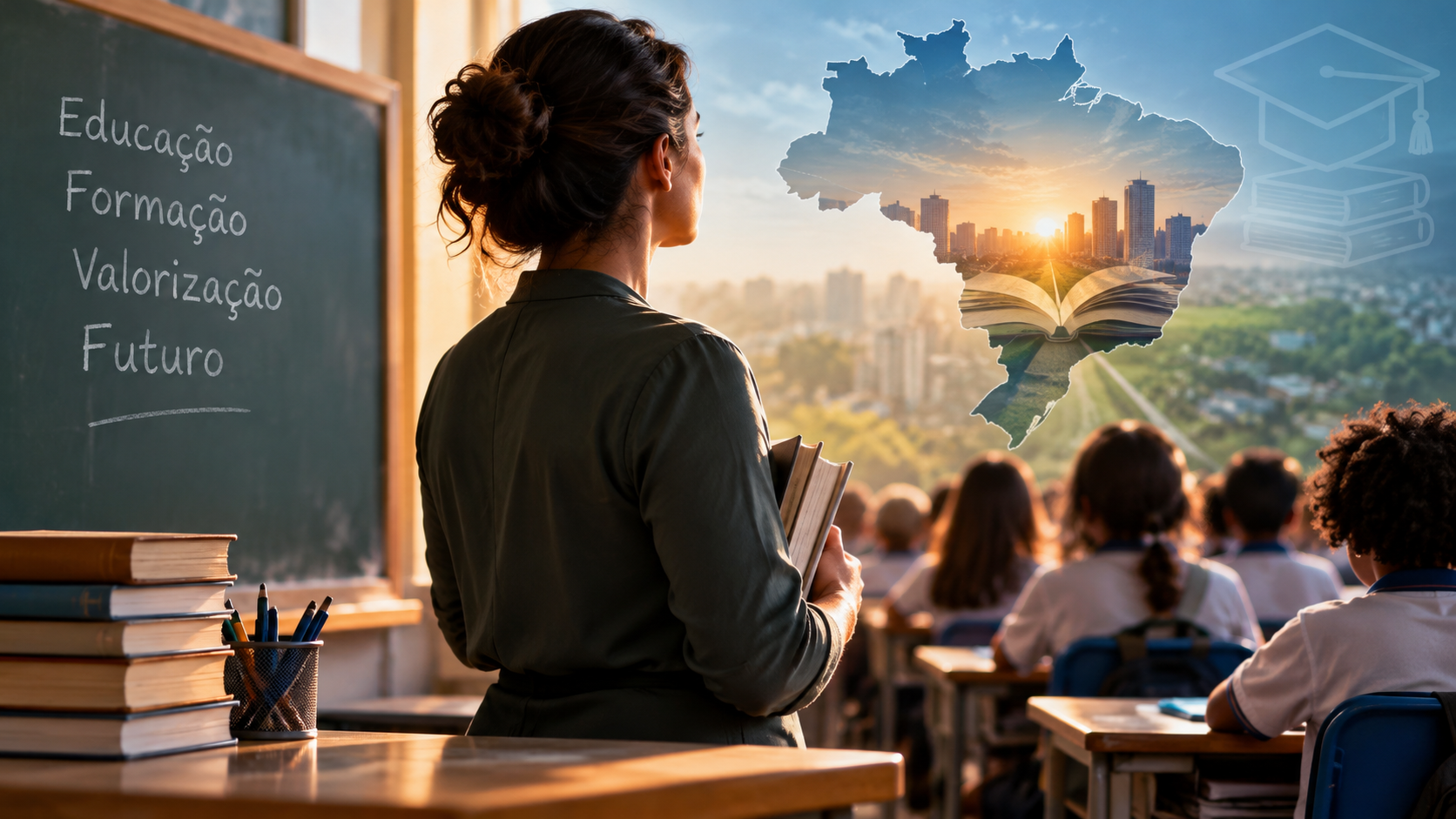 Professora em sala de aula observa estudantes diante de uma representação do mapa do Brasil, simbolizando os desafios da formação e valorização docente.