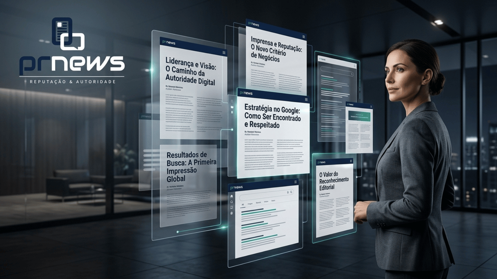 Executiva observa painéis digitais com matérias jornalísticas e resultados de busca da PRNews, representando autoridade, reputação e presença estratégica no Google.